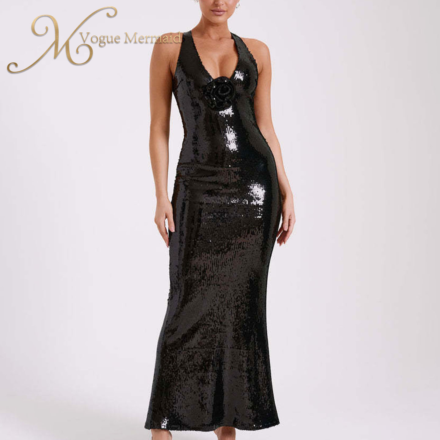 Sexy Chest 3D flower Backless Black Sequin Prom Dress